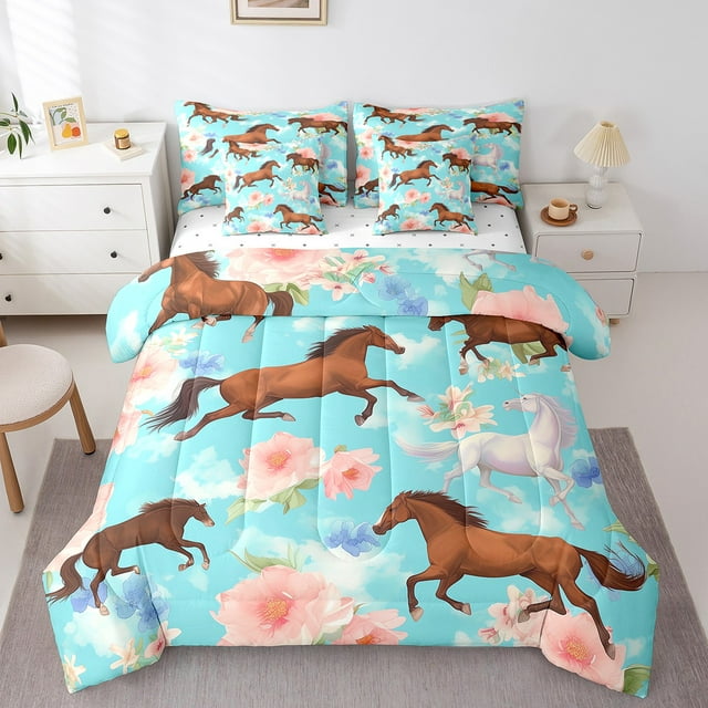 YST Ensemble de Literie 7 Pcs avec Cheval au Galop, Format Jumeau, Fleur Rose