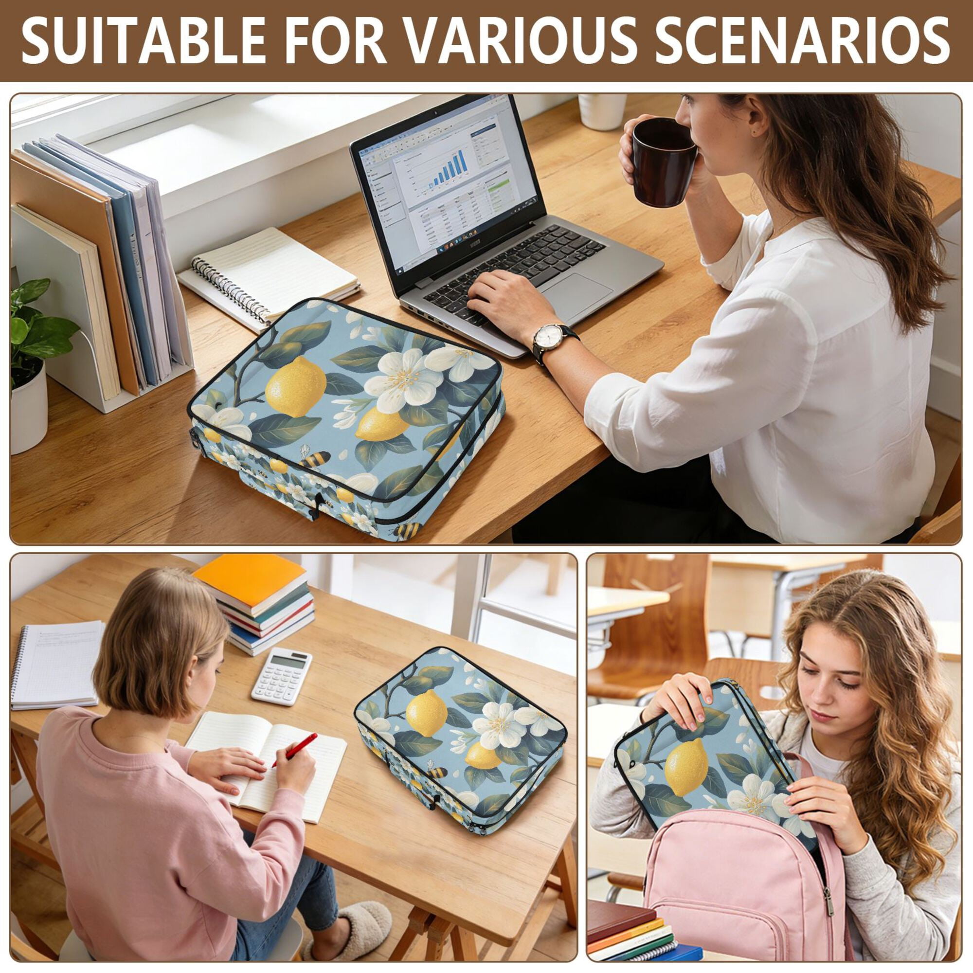 FORMRS Accordion File Folder A4 Size 7-Pocket Expanding Document Organizer Bag with 3 Ring Binder, Lemon Pattern
