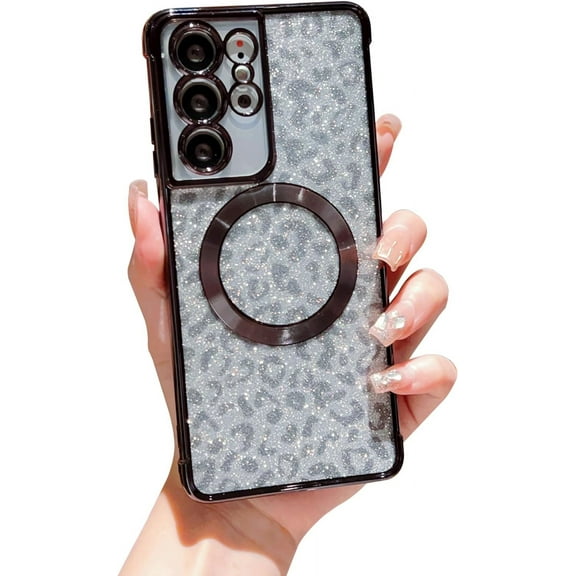 for Samsung Galaxy S21 Ultra Phone Case Magnetic Compatible with MagSafe Cute Leopard Glitter Women Case Luxury Plating Clear Camera Cover Shockproof Soft Bumper for Galaxy S21 Ultra (Black)