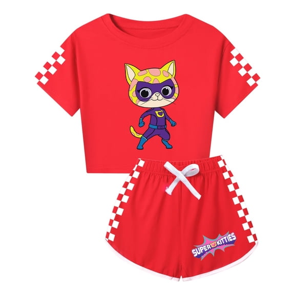 Super Kitties Kids Outfit – Girls Crop Tee and Drawstring Shorts – Lightweight Summer Clothes