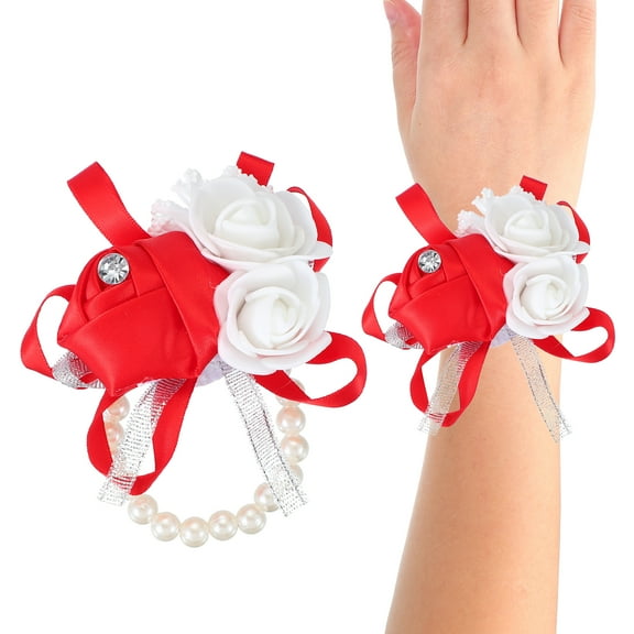 2 Pcs Wrist Corsage Silk Rose Pearls Wedding Bridesmaid Party Red