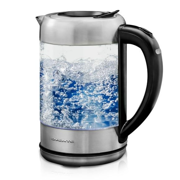 OVENTE Glass Electric Kettle Water Boiler 1.7 Liter ProntoFill Tech w/Stainless Steel Filter - 1500W BPA Free Cordless Instant Water Heater Kettle for Coffee & Tea Maker - Silver KG6120S