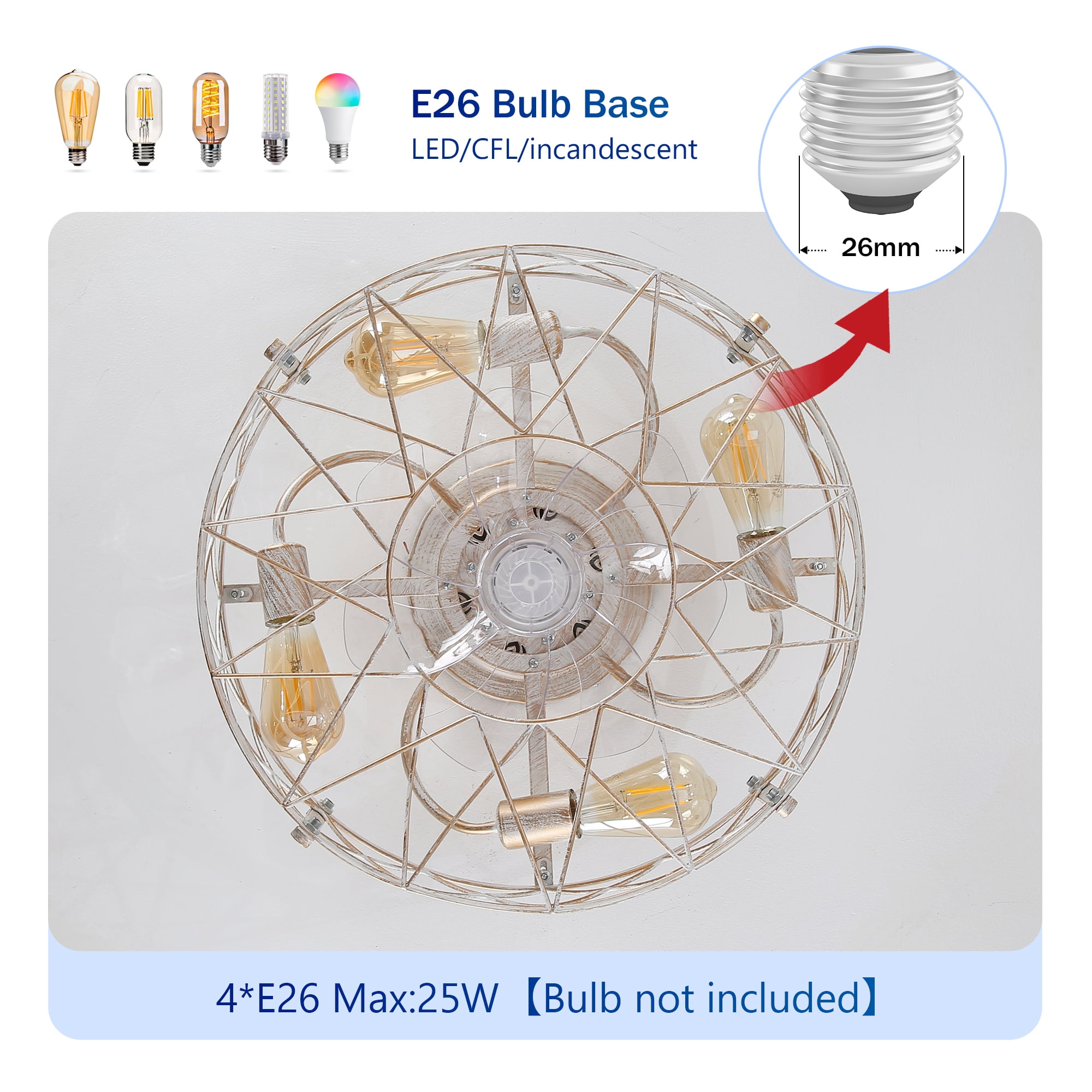 Leumius 20" White Caged Ceiling Fan with Lights and Remote Control ,Reversible Motor, DC Remote Control,6 Speed Ceiling Fan for Living Room Bedroom Dining Room (NOT Included Bulbs)