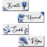 CELIVESGG 4 Pieces Bathroom Wall Decor, Blue, Flower Wall Art Wooden Hanging for Gallery Walls or Home Decoration, 10" x 4" x 0.2"