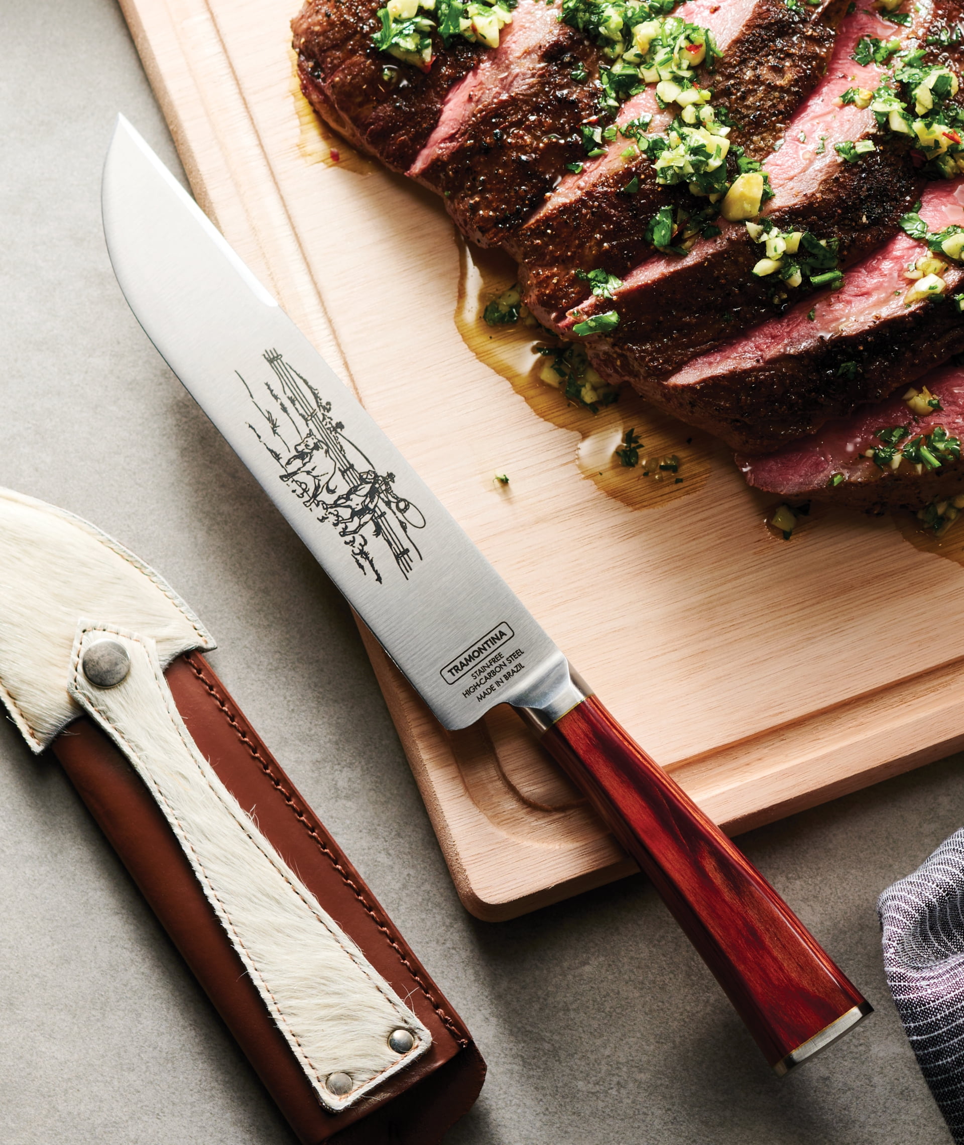 Tramontina Churrasco BBQ 7-Inch Forged High-Carbon Stainless Steel Gaucho Style Knife with Leather Sheath, Red Polywood Handle
