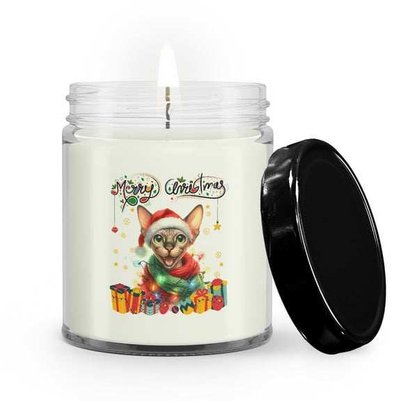 Merry Christmas Santa Sphynx Scarf Twinkling Lights Xmas Holiday Soy Wax Candle Cat Lover Kitten Owner Gifts Idea 9oz White Birch & Black Pepper Candle - 00022