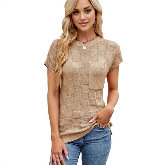 Tops de Verano con Mangas para Mujer, Suéter Informal de Punto de Corta, Camisas Holgadas Caqui S