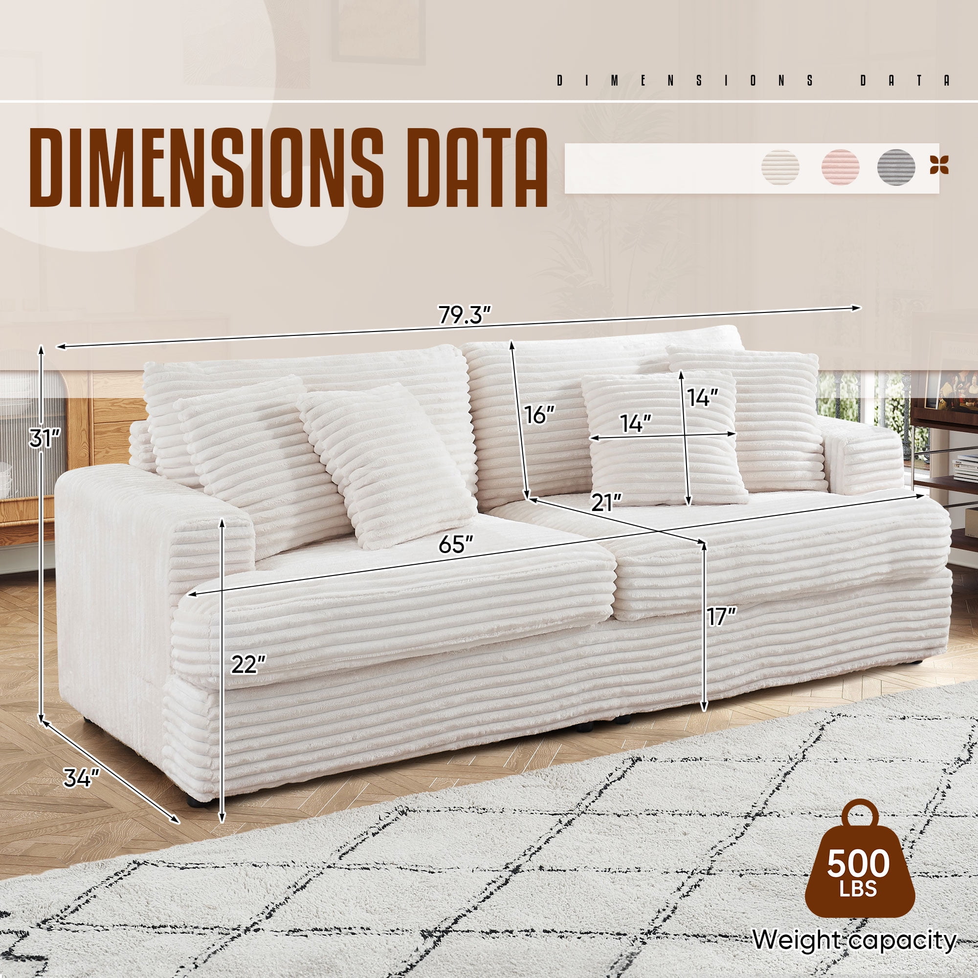 Dinosisco Corduroy Sofa Couch, Upholstered 3-Seater Deep Seat Couch for Living Room, White