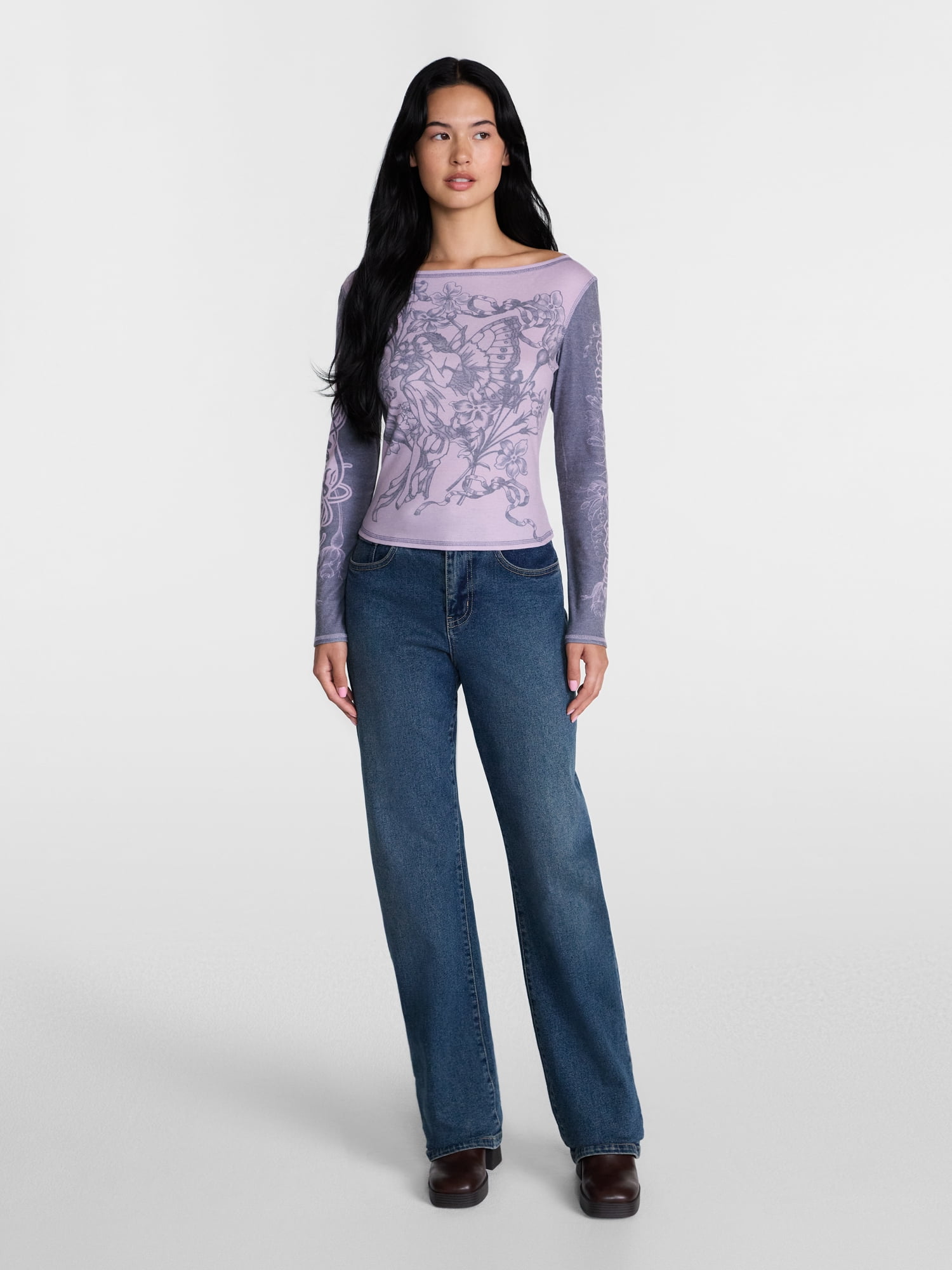 Madden NYC Women's Boatneck Graphic Top with Long Sleeves, Sizes XXS-XXL