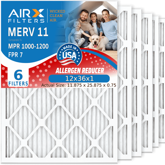 12x36x1 Air Filter MERV 11 Comparable to MPR 1000, MPR 1200 & FPR 7 Electrostatic Pleated Air Conditioner Filter 6 Pack HVAC Premium USA Made 12x36x1 Furnace Filters by AIRX FILTERS WICKED CLEAN AIR.
