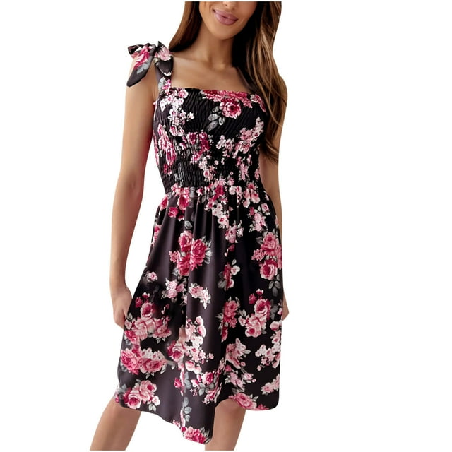 Robe Bohème pour Femmes Bretelles Nouées Imprimé Floral Robe d'Été Smockée Décontractée Ligne A Swing Plage Fête Mini Robe