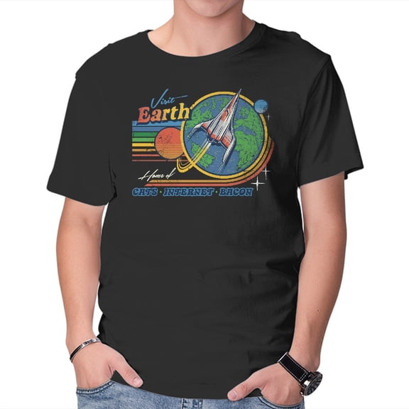 TeeFury Men’s Graphic T-shirt Visit Earth - Postcard | Space | Black | Small