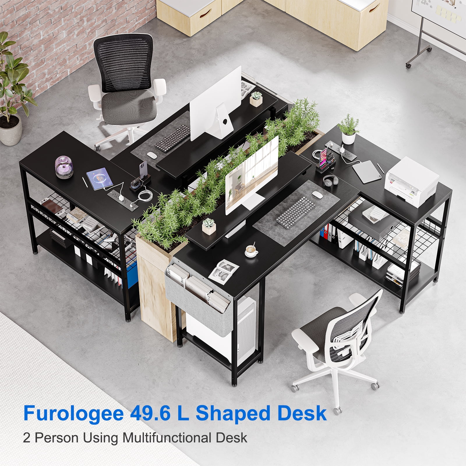 L Shaped Desk, Computer Gaming Desk with Power Outlet & Led Light, Reversible Corner Desk with Monitor Stand & Storage Shelves, Storage Bag for Home Office