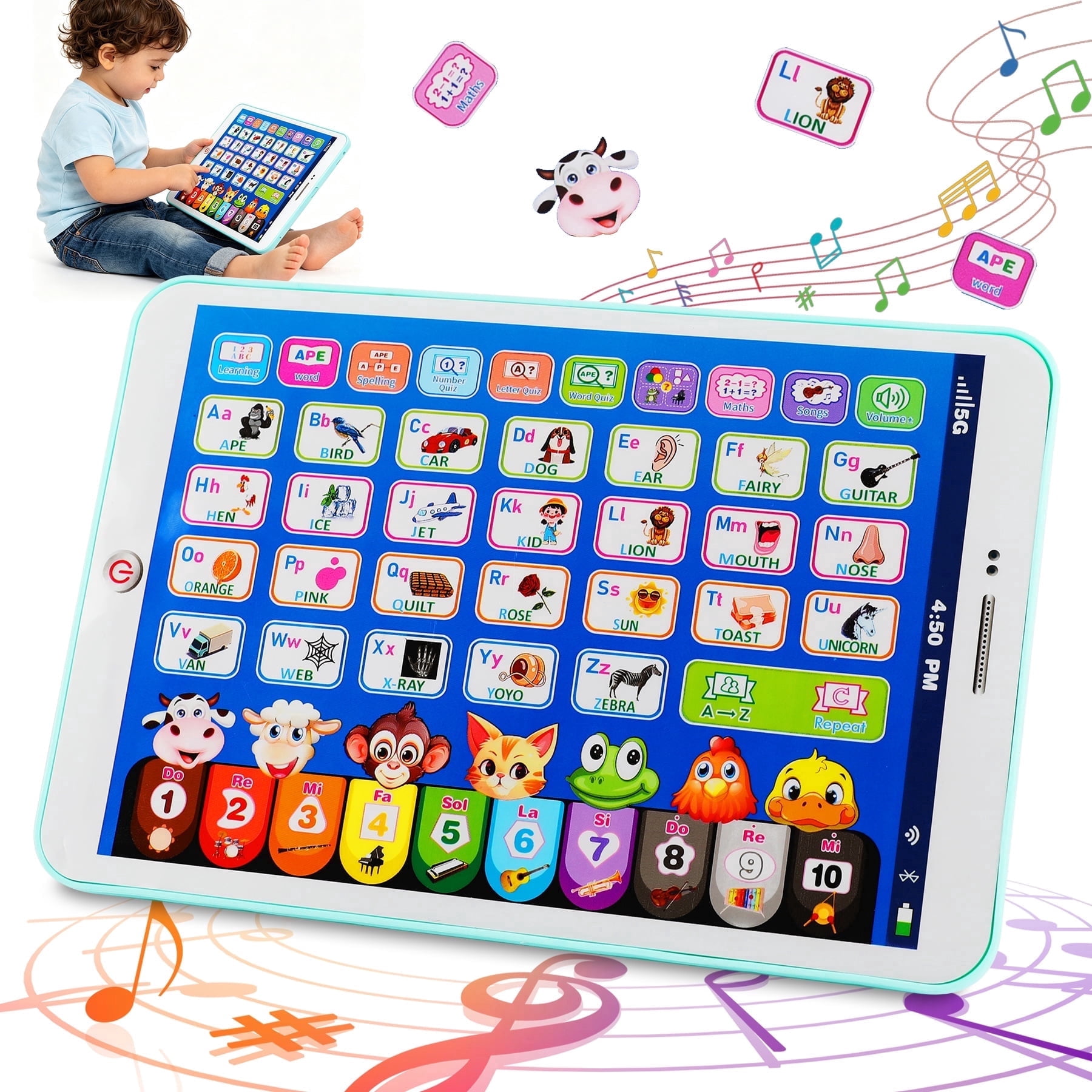 ITOMTE Kids Learning Tablet for Toddlers, Interactive Pad with Alphabet/Words/Numbers/Music, Education Preschoolers Toys for Boys & Girls Age 1-7 [Cyan]