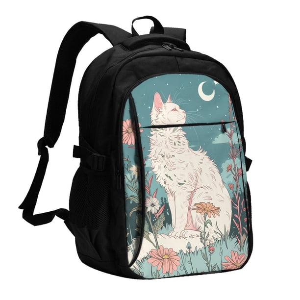 Disketp Celestial Cat And Flowers Mochila de Viaje Estampada para Laptop con Puerto de Carga USB, Mochila Impermeable para Computadora – Regalo para Hombres y Mujeres
