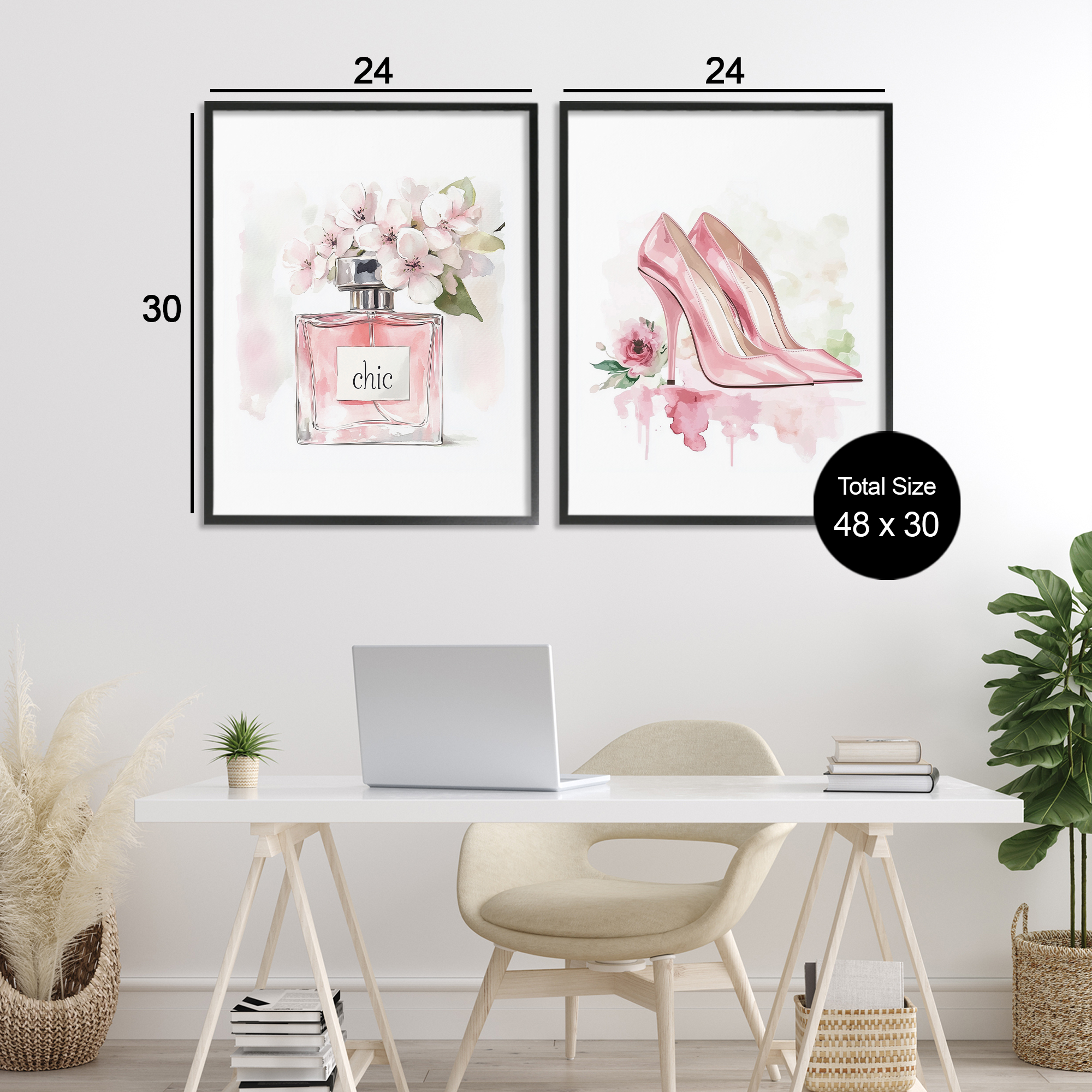 Rosy Pastel Perfume & Heels 2 Piece Black Framed Giclee Art Set, design by Christine Simpson Art