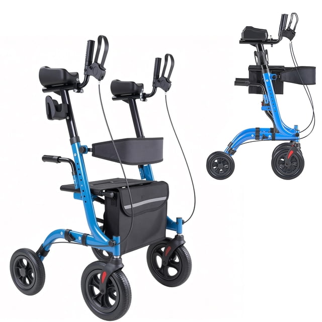 KFFKFF Déambulateur à Roulettes avec Siège pour Aînés, Déambulateur à Roulettes Pliable, Aide à la Mobilité et à la Marche Légère en Aluminium avec Roues Pleines en PU, Poignée Ajustable, Sac de Rangement - Supporte 300 Lb