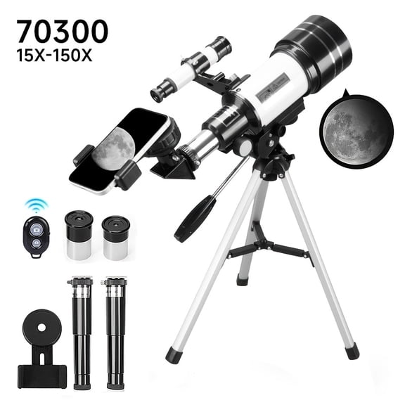 Astronomical Telescope 70mm Aperture, 300mm Focal Length, 150X Max Magnification, 2X Barlow, 2 Eyepieces, Moon Filter, Phone Adapter, for Nature Observation