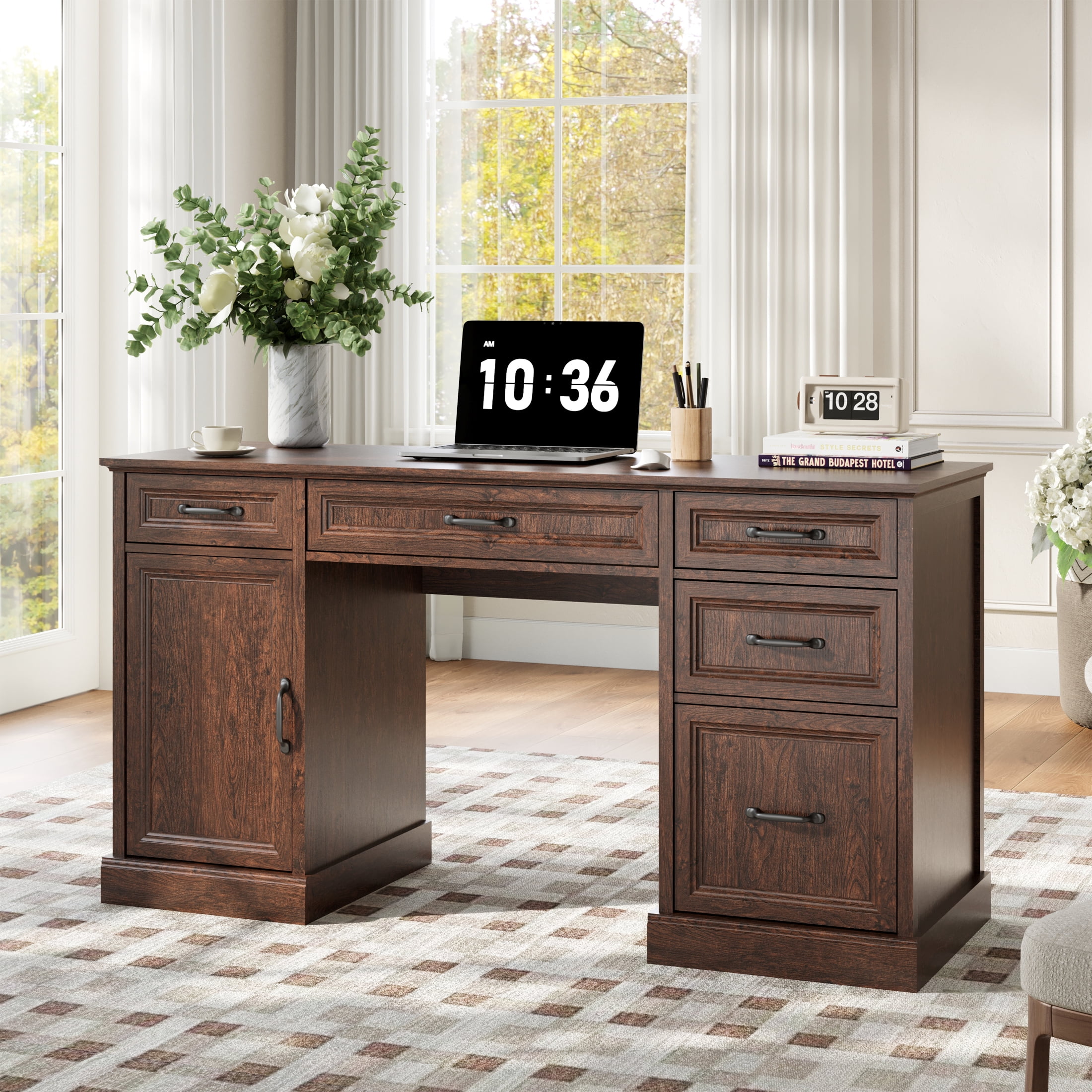 YouTrend 58'' Farmhouse Executive Desk,Wood Home Office Computer Desk with 5 Drawers and Storage Cabinet for Work Study Writing,Brown