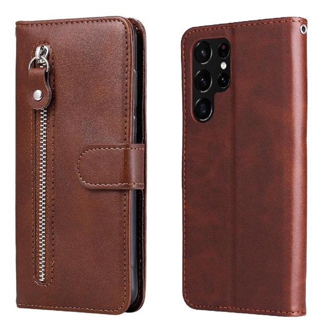 Estuche de Cuero PU con Cierre para Samsung Galaxy S23 Ultra 5G , Funda Protectora con Billetera y Correa