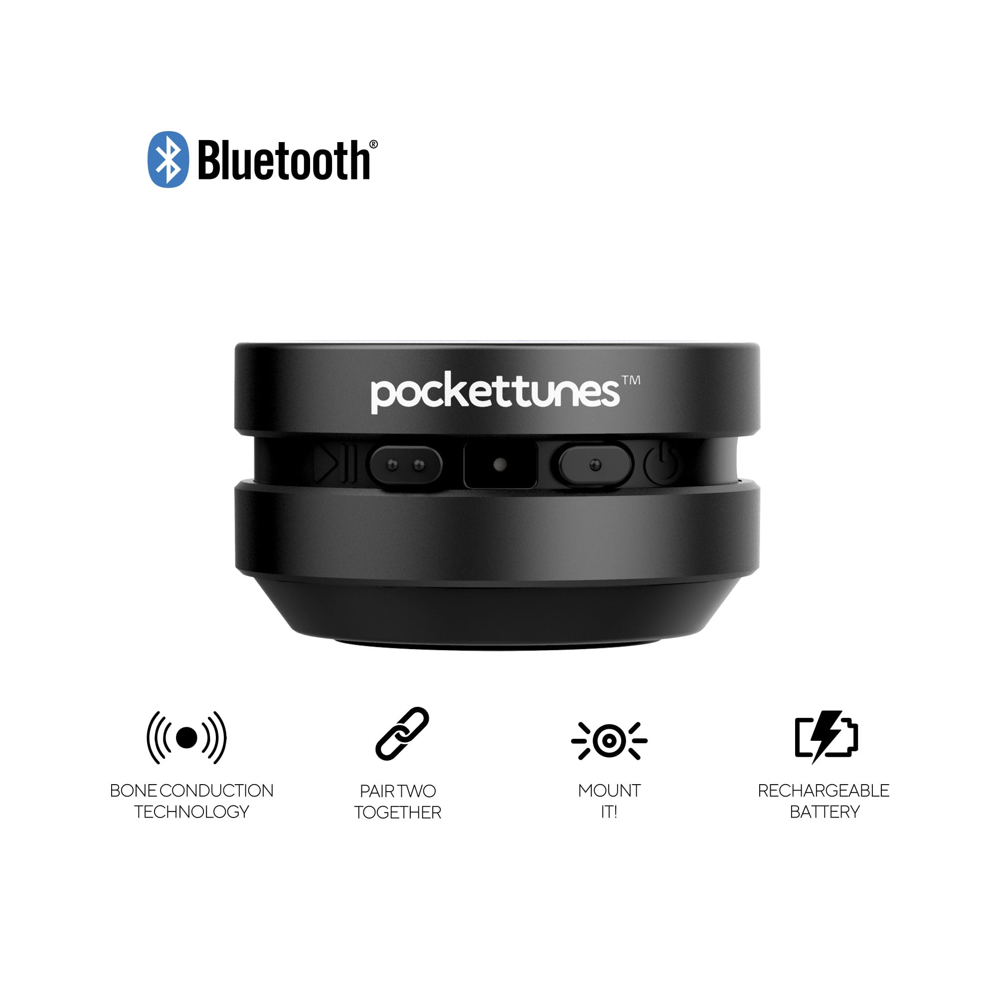 PocketTunes Bone Conduction Instant Mini Speakers with Bluetooth Wireless Technology, Pack of 2 (Black)