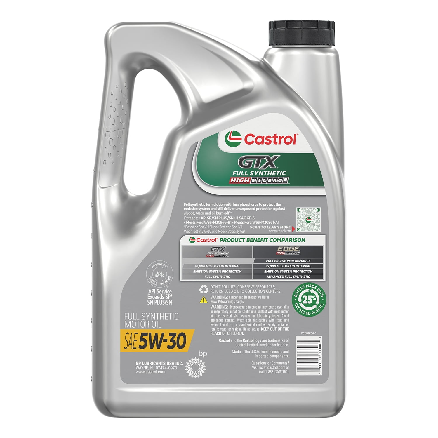 Castrol GTX Full Synthetic High Mileage 5W-30 Motor Oil, 5 Quarts