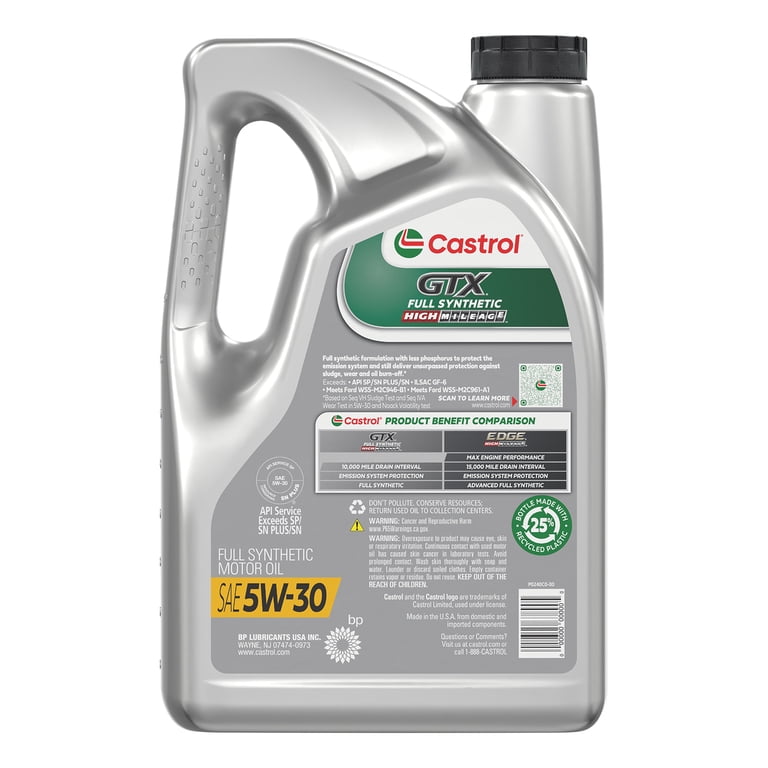 Castrol GTX Full Synthetic High Mileage 5W-30 Motor Oil, 5 Quarts