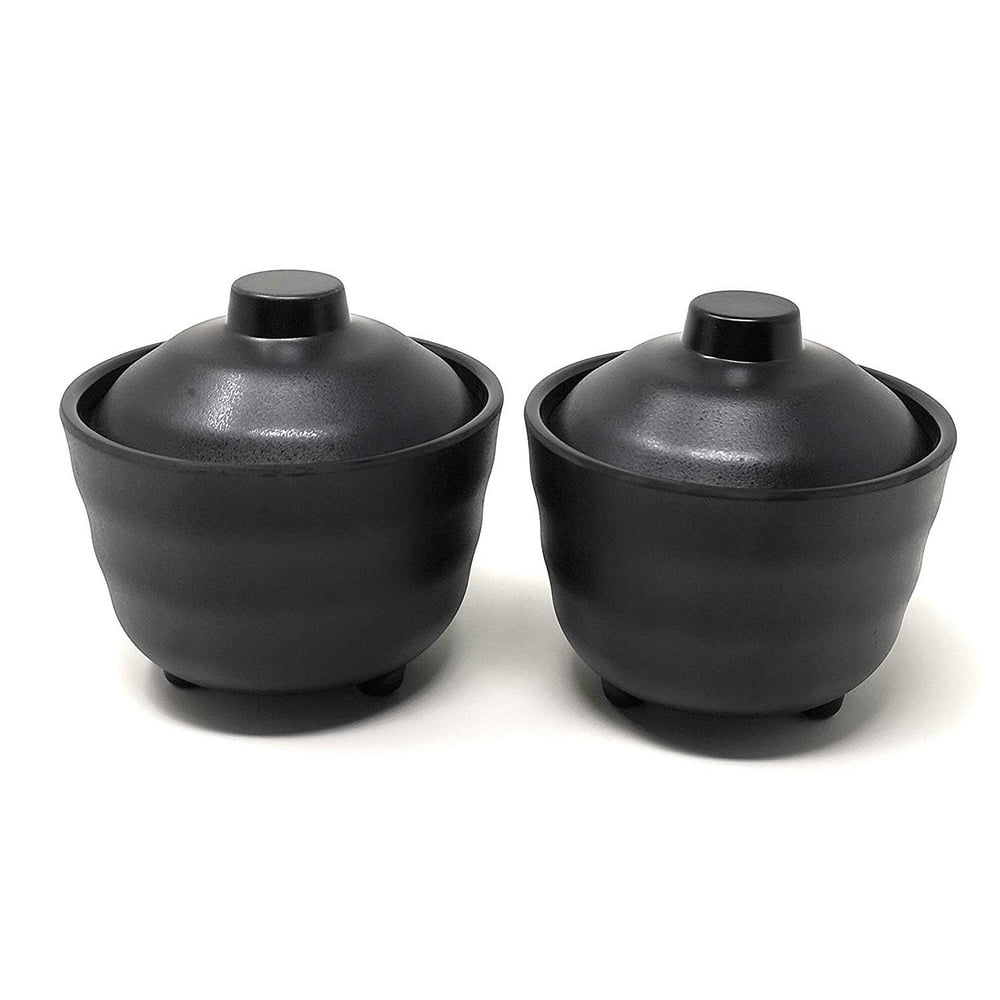 ASIAN HOME Japanese Rice and Soup Bowls With Lid, All Black, Melamine