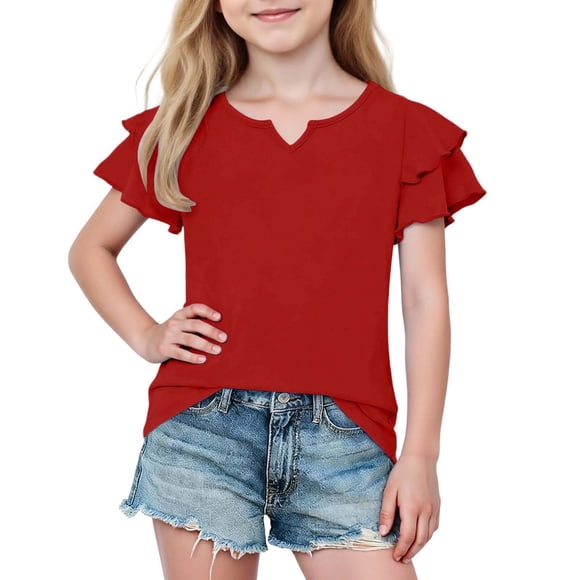 Camisetas con Volantes para Niñas, Camisetas de Manga Corta para Verano Casuales Sueltas de Color Sólido con Cuello en V Camisetas Rojas 9 Años