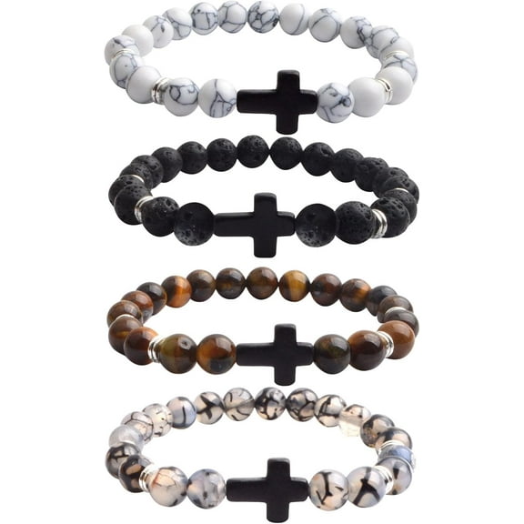 4PCS Cross Bracelet For Men Set 8 mm Healing Lava Stone Stretch Bracelets Mens Cross Beads Bracelets for Easter Christmas Birthday