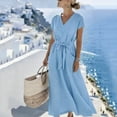 thumbnail image 5 of Guieoi Womens Dresses Plus Size V-Neck Solid-Color Short-Sleeve Tie-Front Dress Sundresses for Women Summer Blue M, 5 of 6