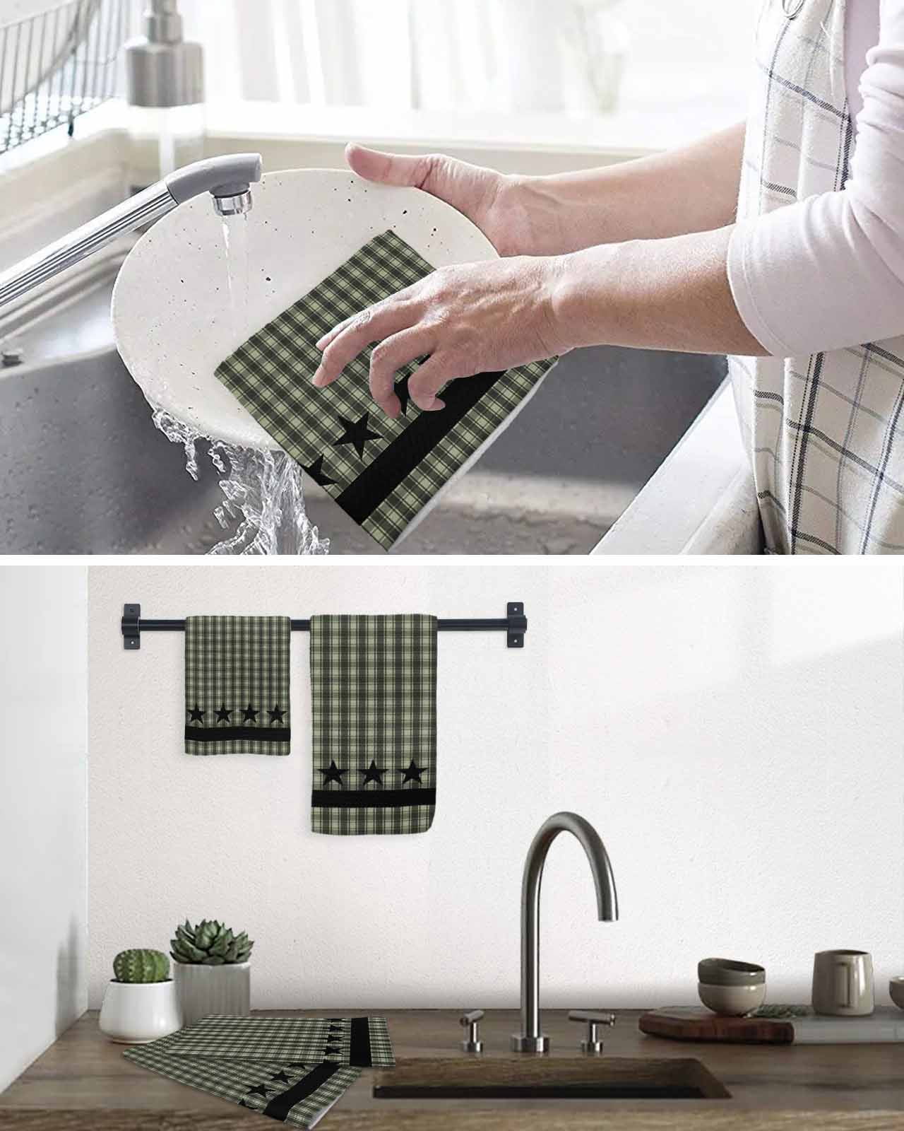 Sage Green Black Plaid Dish Towels Set,Waffle Weave Kitchen Towels 3 Pieces,Microfiber Hair Face Bath Tea Towel Absorbent Quick Drying Cleaning Dish Cloths,Vintage Star Buffalo Check Rustic 12"x12"