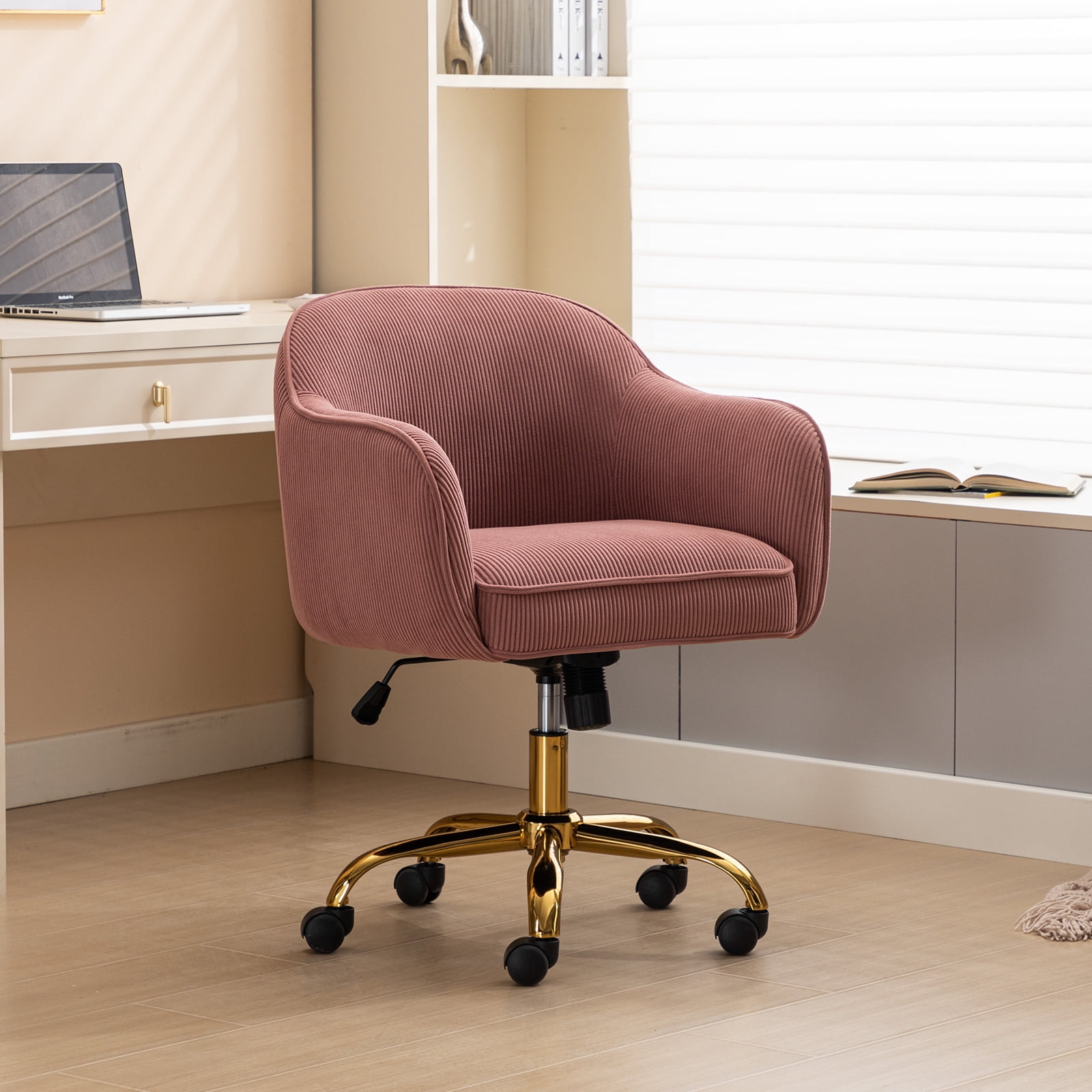 BRILHAMEZ Velvet Office Chair, Ergonomic Desk Chair with Adjustable Height, 360° Swivel, Padded Armrests for Home Office, Pink