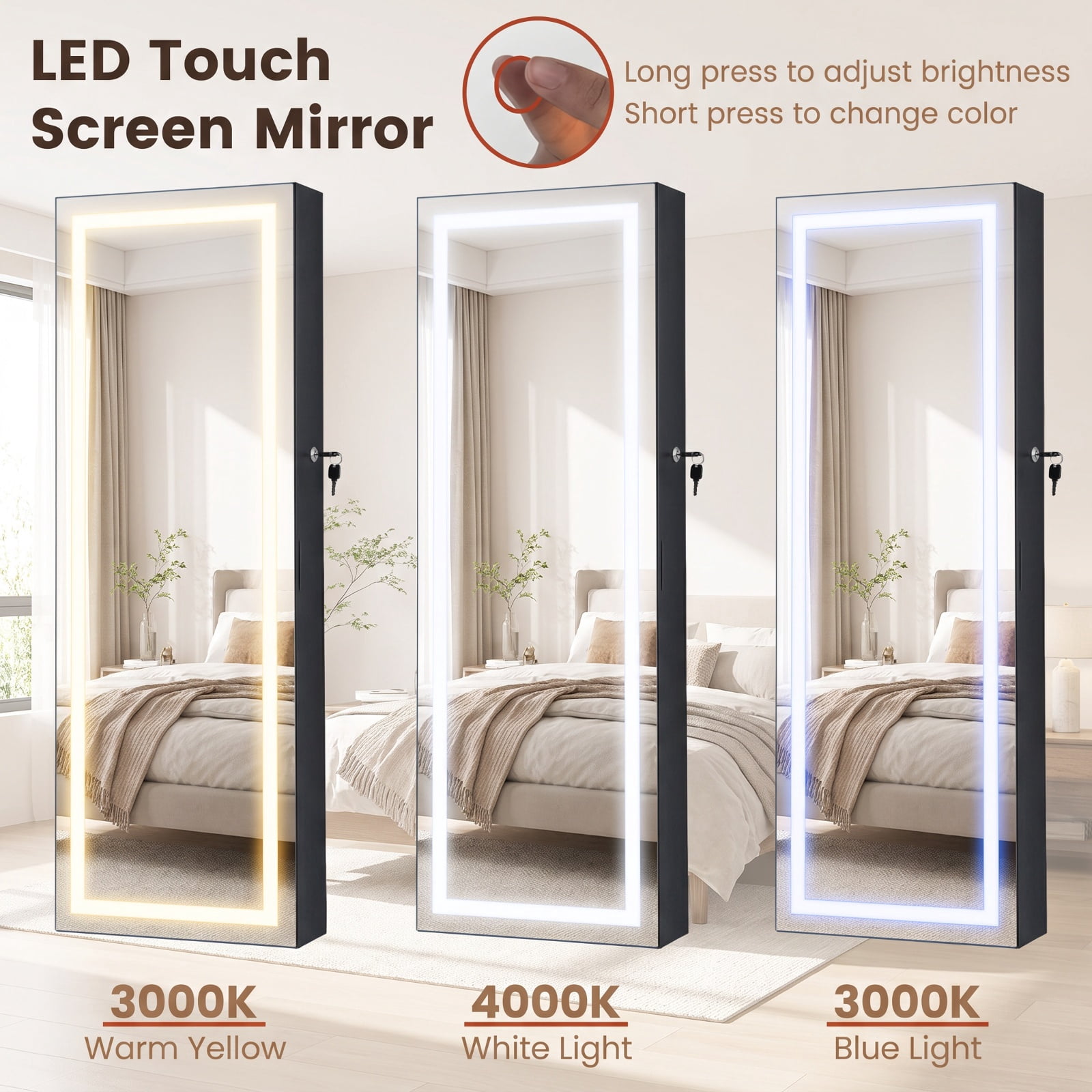 Furnibear 42.5 Inches Lockable Jewelry Mirror Wall Cabinet with 3-Color LED Lights for Bedroom Dressing Room Jewelry Necklace Rings Storage, Black