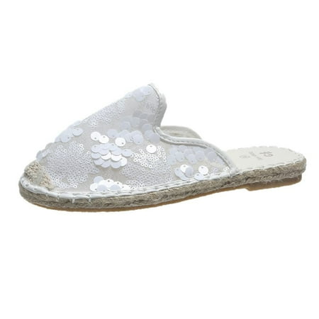 

BSDHBS Womans Sandels Fashion Large Size Sequin Lace Straw Toe Capless Fisherman Shoes White Size 37