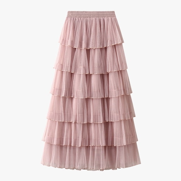 Huowey Women Long Tiered Skirt Solid Color Elastic High Waist Mesh Tutu Dancewear A Line Tulle Layered Flowy Ruffle Maxi Skirt Petticoat For Wedding Holiday Party Dailywear,Pink,One Size