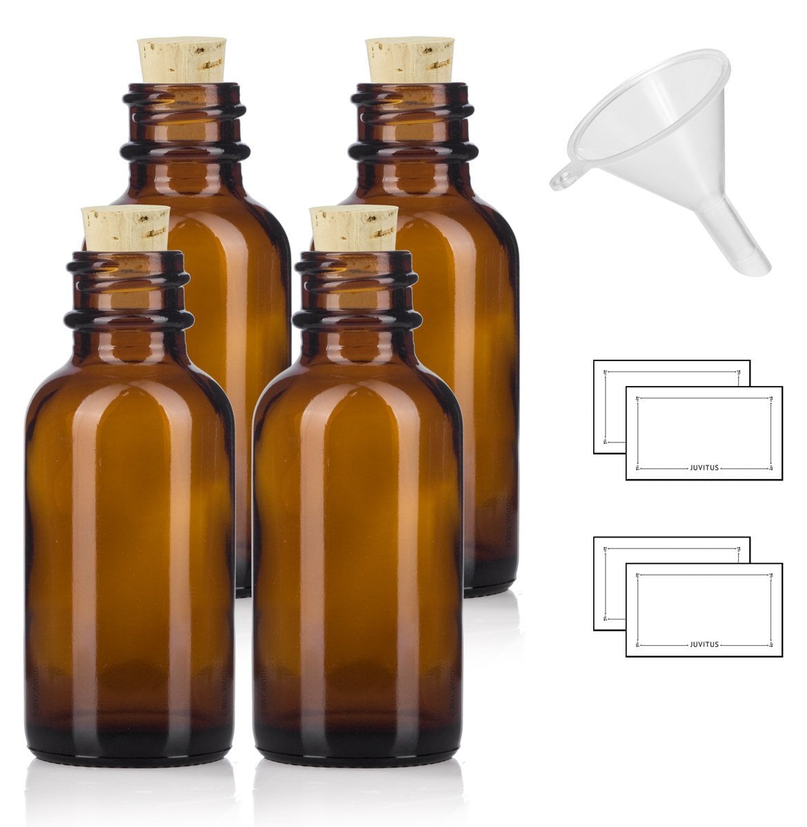 1 oz Amber Glass Boston Round Bottle with Cork Stopper Closure (4 Pack