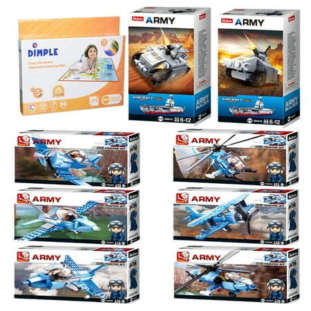 Sluban Kids Army Helicopter, Army War Craft, 7 Army Aircrafts, Building Blocks Toy Set 827 Pcs & Dimple Kids Small Washable Coloring Play Mat with 12 Washable Markers