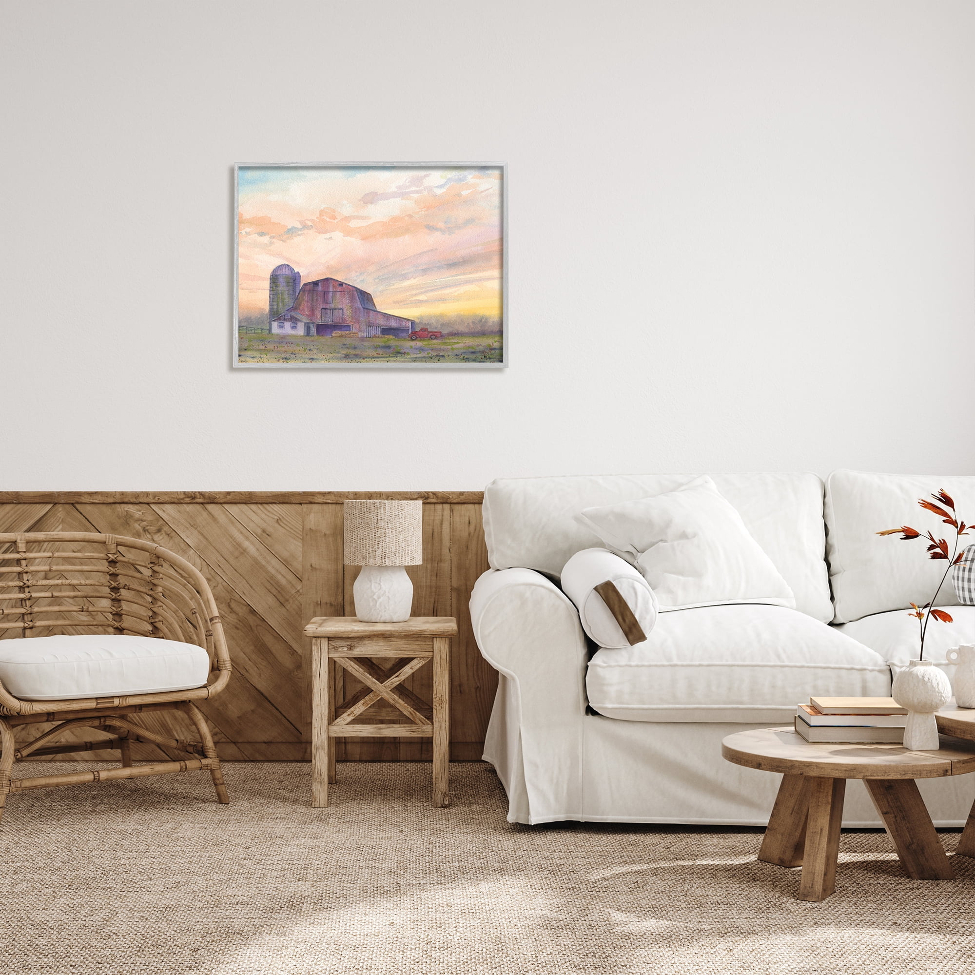 Stupell Industries Country Barn at Sunrise Nature Painting Gray Framed Art Print Wall Art, 30 x 24