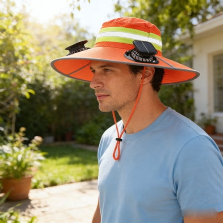 Men Sun Hat with 2 Solar Fans Wide Brim Reflection Outdoor Fishing Hat Solar Powered Sun Protection Camping Hiking
