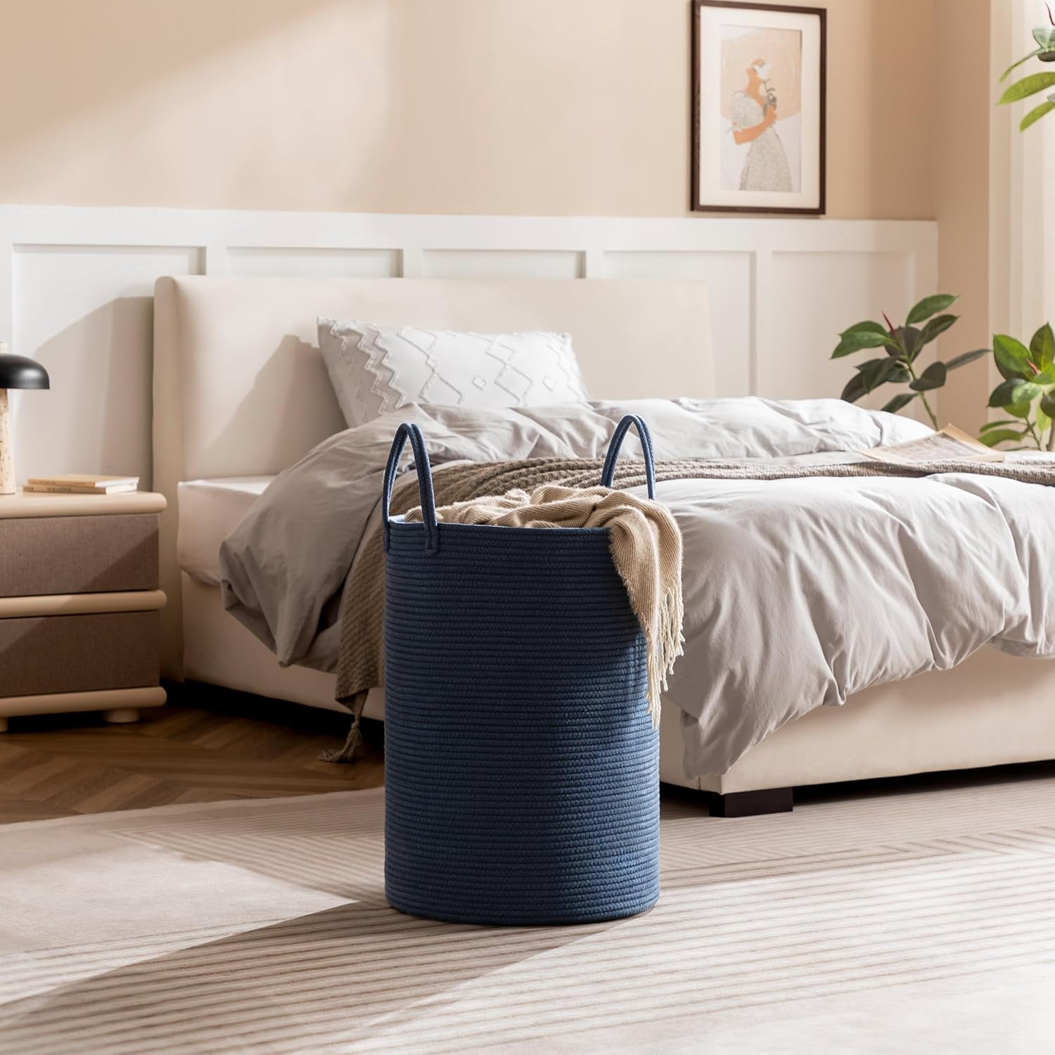 TT-Laundry Basket, 72L Woven Laundry Hamper, Baby Nursery Hamper for Toys, Blanket Basket for Living Room, Clothes Hamper for Bedroom&Baby Room, Blue