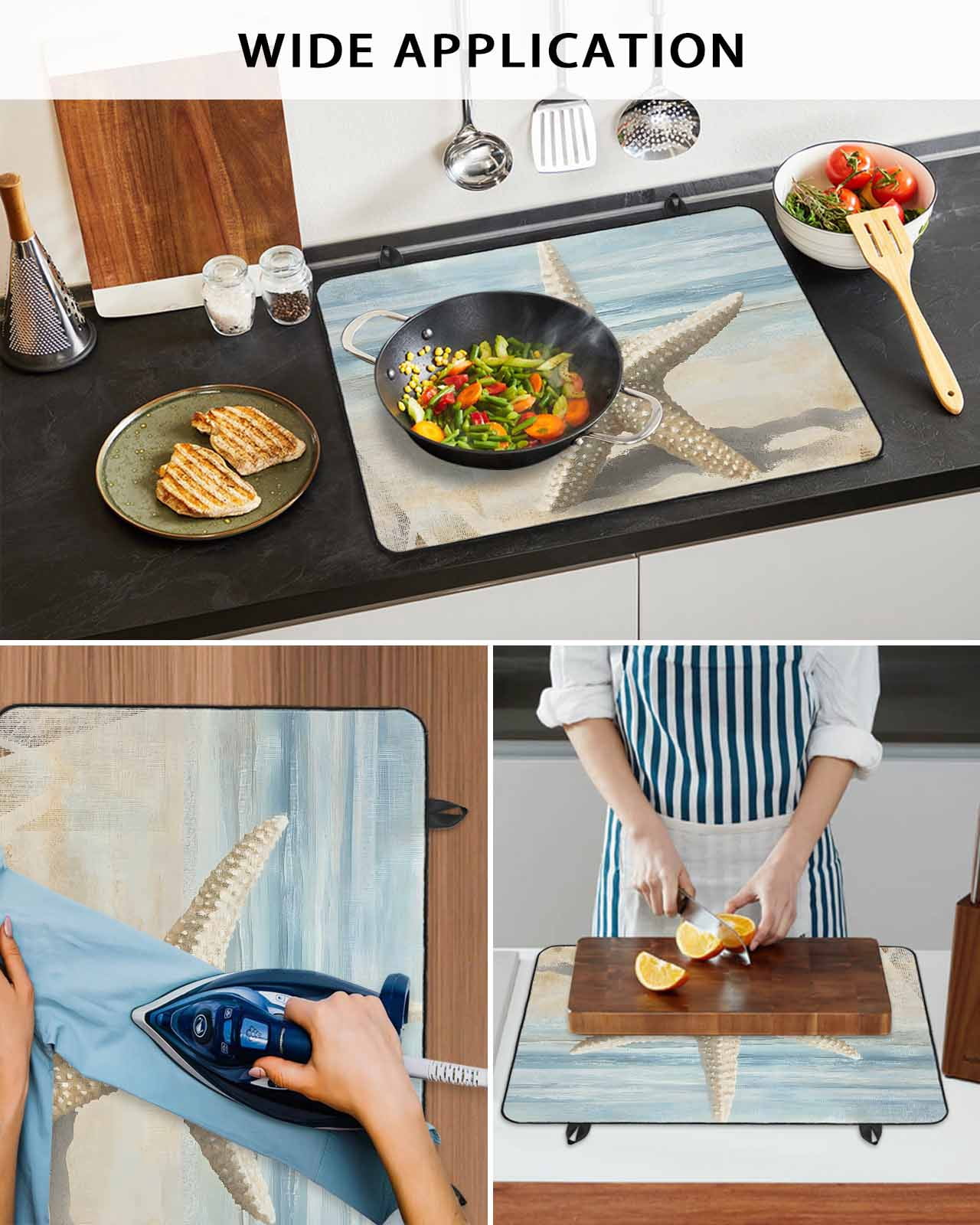 nqOlkjepod Large Induction Cooktop Protector Mat 36"x21", Coastal Beach Starafish Stove Top Covers for Electric Stove, Summer Ocean Wave Blue Beige Stove Burner Cover Mats, Glass Top Stove Cover