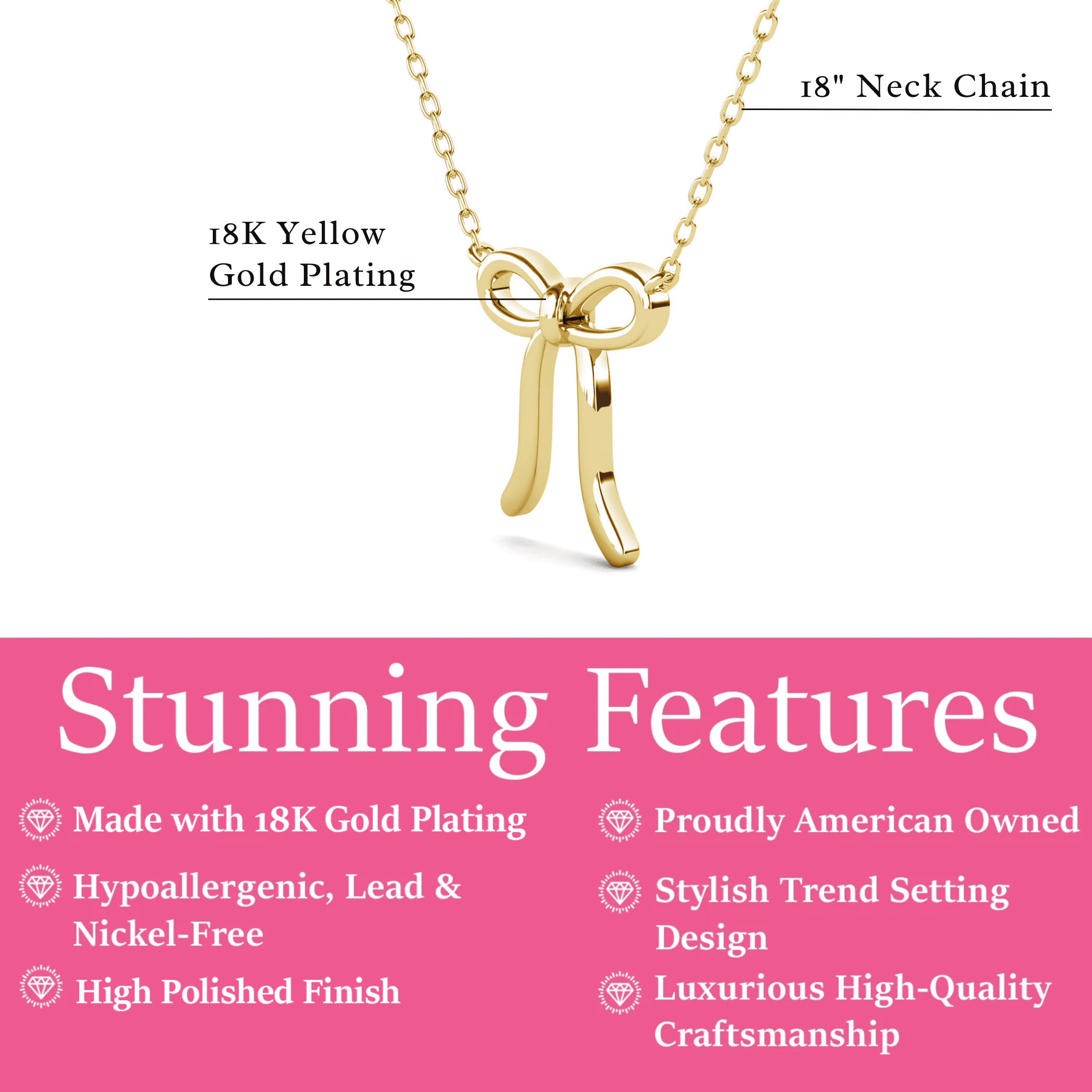 Cate & Chloe Lola 18k Yellow Gold Plated Ribbon Bow Drop Necklace, Gift for Women