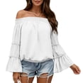 thumbnail image 4 of Tqcoqu Women's Off Shoulder Top,Ruffle Long Sleeve Chiffon Blouse,Casual Loose Trendy Shirts,White Women's S-XXL, 4 of 8