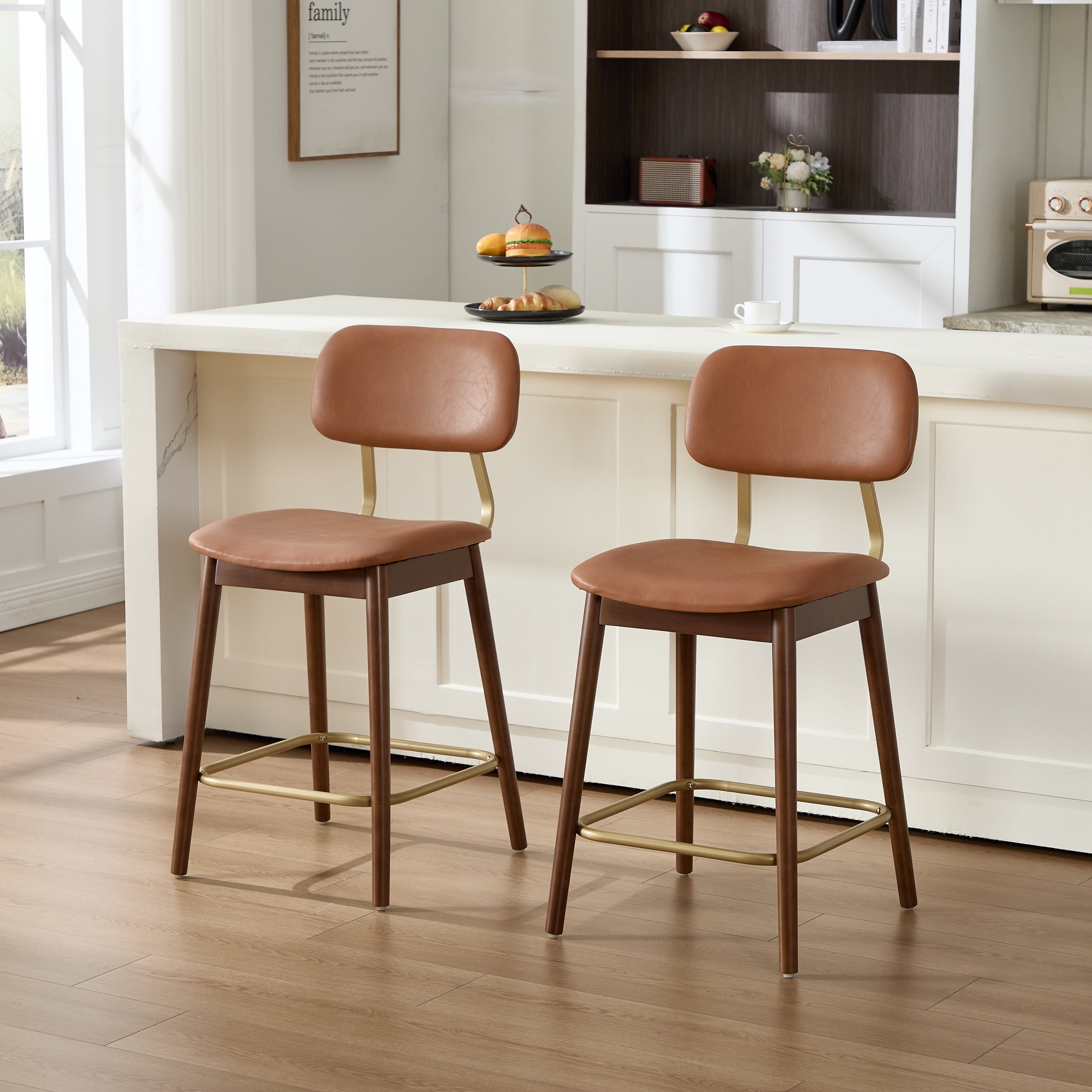 Garitin Bar Stool Set of 2 and Counter Height Chairs, Wooden Vinyl Upholstered Seating with Curved Backrest for Kitchen Bar, Brown