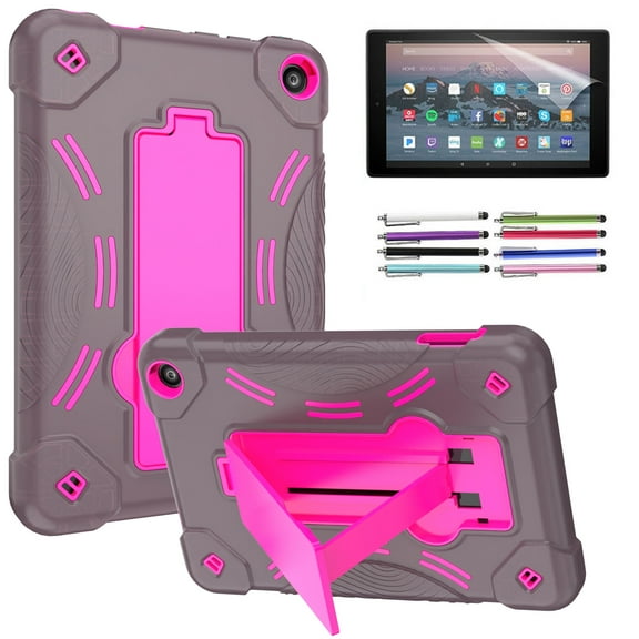 EpicGadget Fire 7 2022 Hybrid Case, for Amazon Fire 7 inch Tablet (12th Generation, 2022 Released) - Heavy Duty Hybrid Case Cover with Kickstand   1 Screen Film and 1 Pen (Gray/Pink)