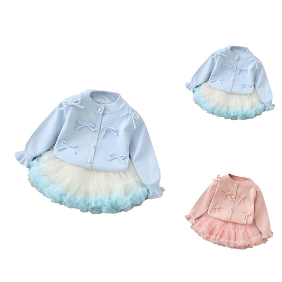 Sweaters for Girls Fall Outfits Girls Knit Sweater Dress Two Piece Outfit Puff Sleeve Top And Skirt for Toddler Baby