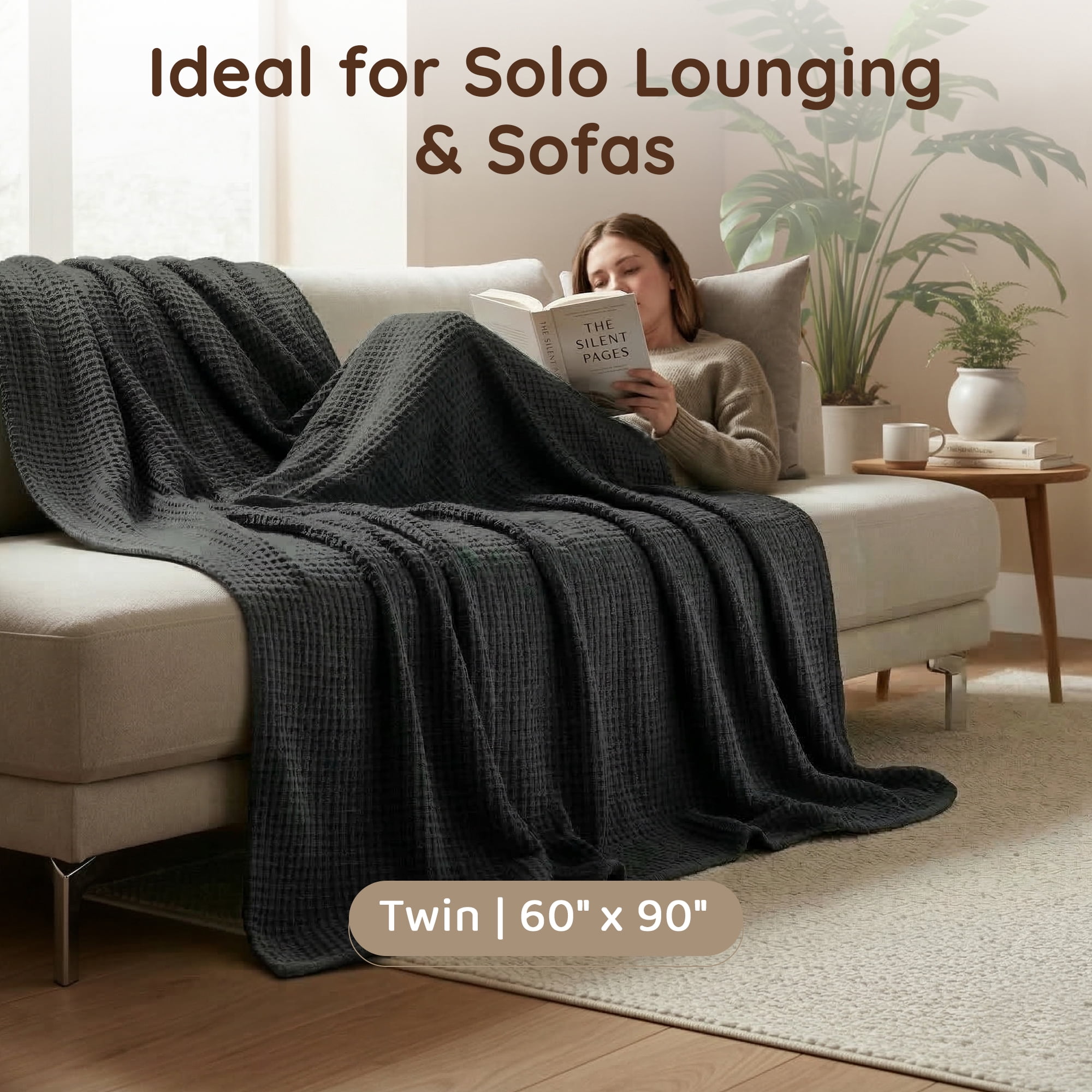 Loomsnest Ultra Soft Black Twin Waffle Blanket, 100% Cotton Blanket for Bed, Sofa & Couch, Waffle Weave All Season Throw for Hot Sleeper, Lightweight & Breathable, 60" x 90"