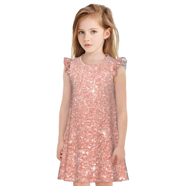 Fotbe Rose Gold Glitter Vestido de Dormir para Niñas de 3 a 10 Años, Mangas Cortas, Estilo Princesa, Pijama Camisón con Mangas Voladas-Large