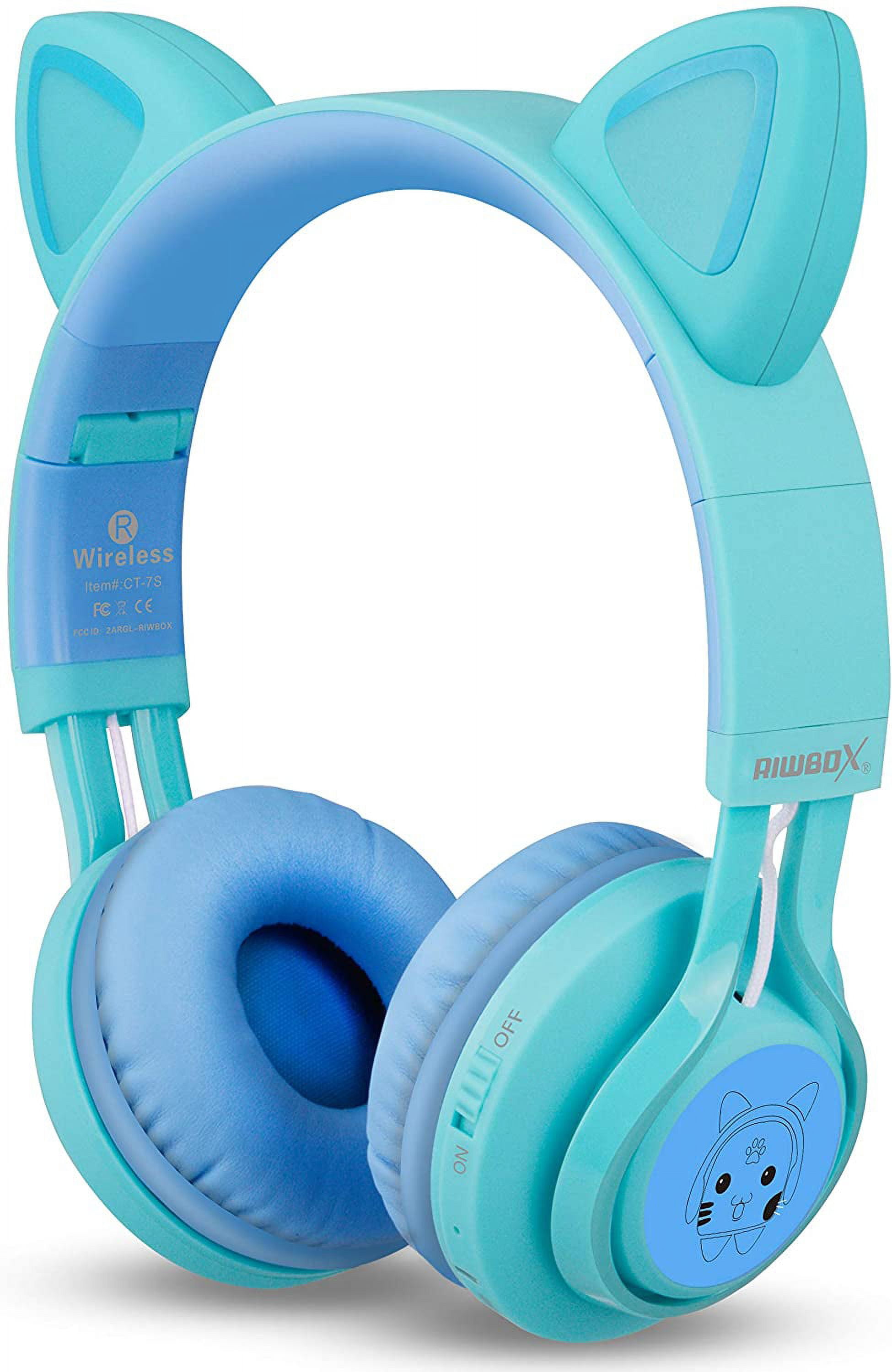 Kids Headphones, Riwbox CT-7S Cat Ear Bluetooth Headphones 85dB Volume Limiting, LED Light Up Kids Wireless Headphones Over Ear with Microphone for iPhone/iPad/Kindle/Laptop/PC/TV (Blue & Green)